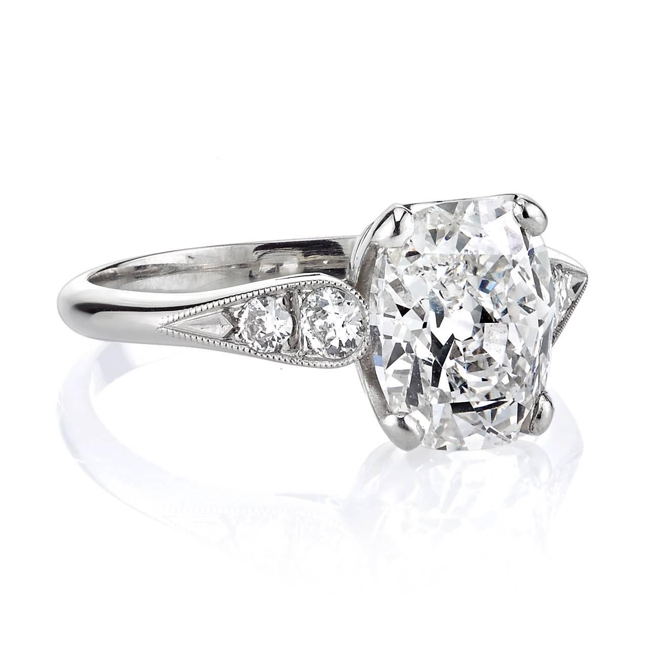 2.33ct G/SI1 GIA certified vintage Cushion cut diamond set in a handcrafted platinum mounting. A classic design featuring a prong set diamond and a tapering band.