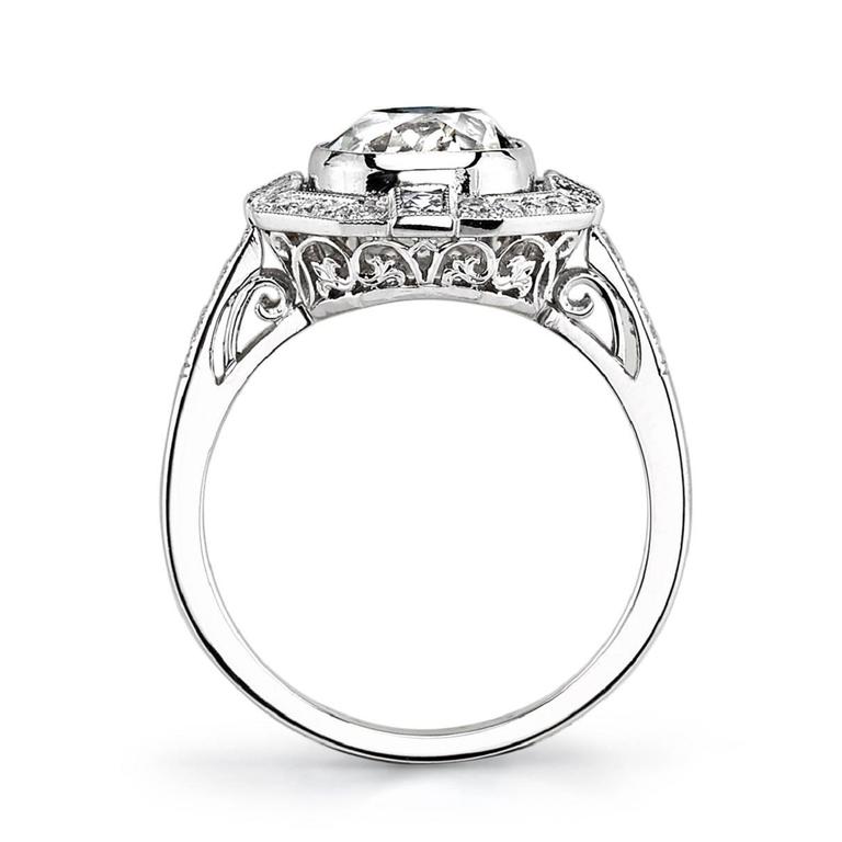Art Deco Cushion Cut Diamond Platinum Engagement Ring at 1stDibs