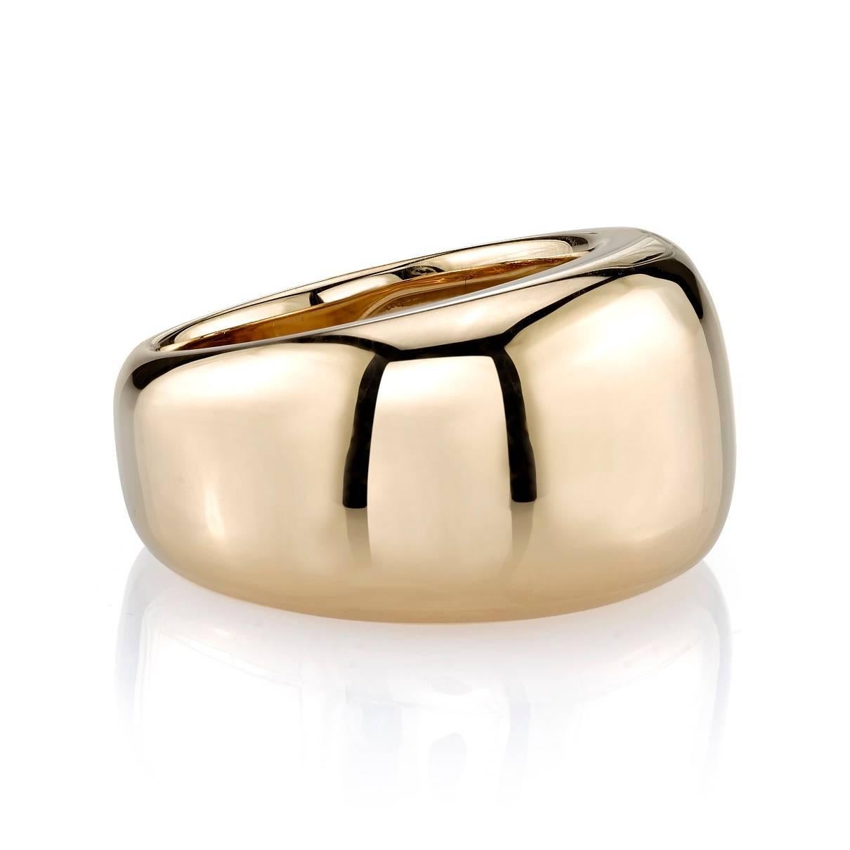 Polished wide domed 18k yellow gold cigar band measuring approximately 13mm at its widest point.

Band is a size 6 and can be sized to fit.

All of our jewelry is individually made to order in Los Angeles, please allow 6-8 weeks for delivery. 
