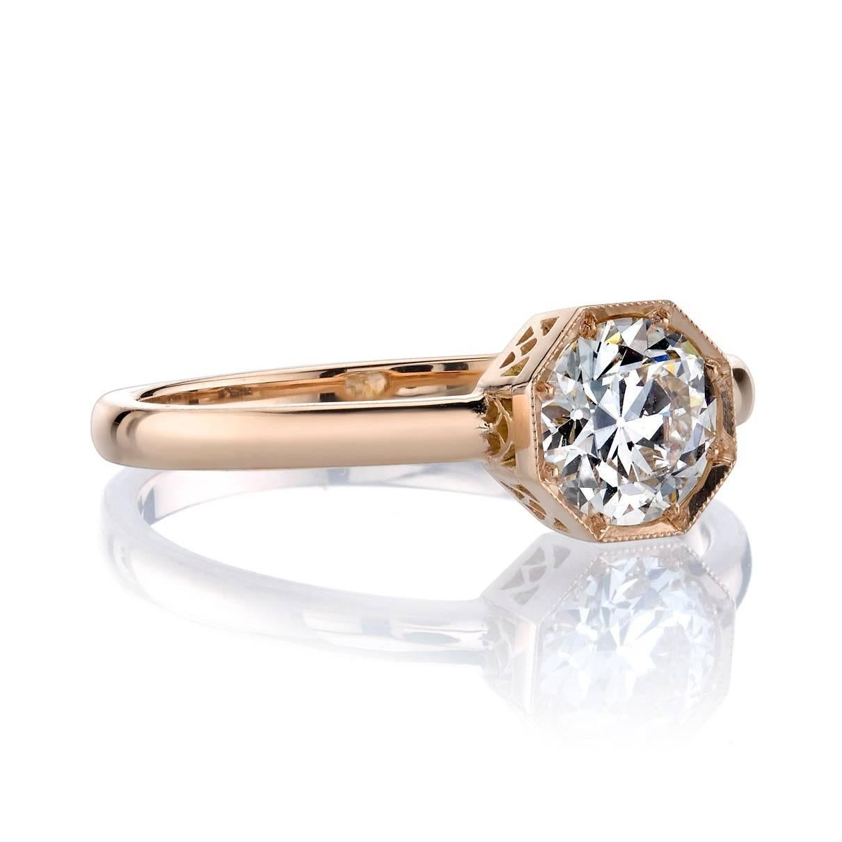 0.72ct J/VS1 old European cut diamond GIA certified and set in a handcrafted 18k rose gold mounting.  A classic Art Deco inspired design featuring an octagonal frame.