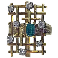 English Abstract Emerald Diamond Ring circa 1970