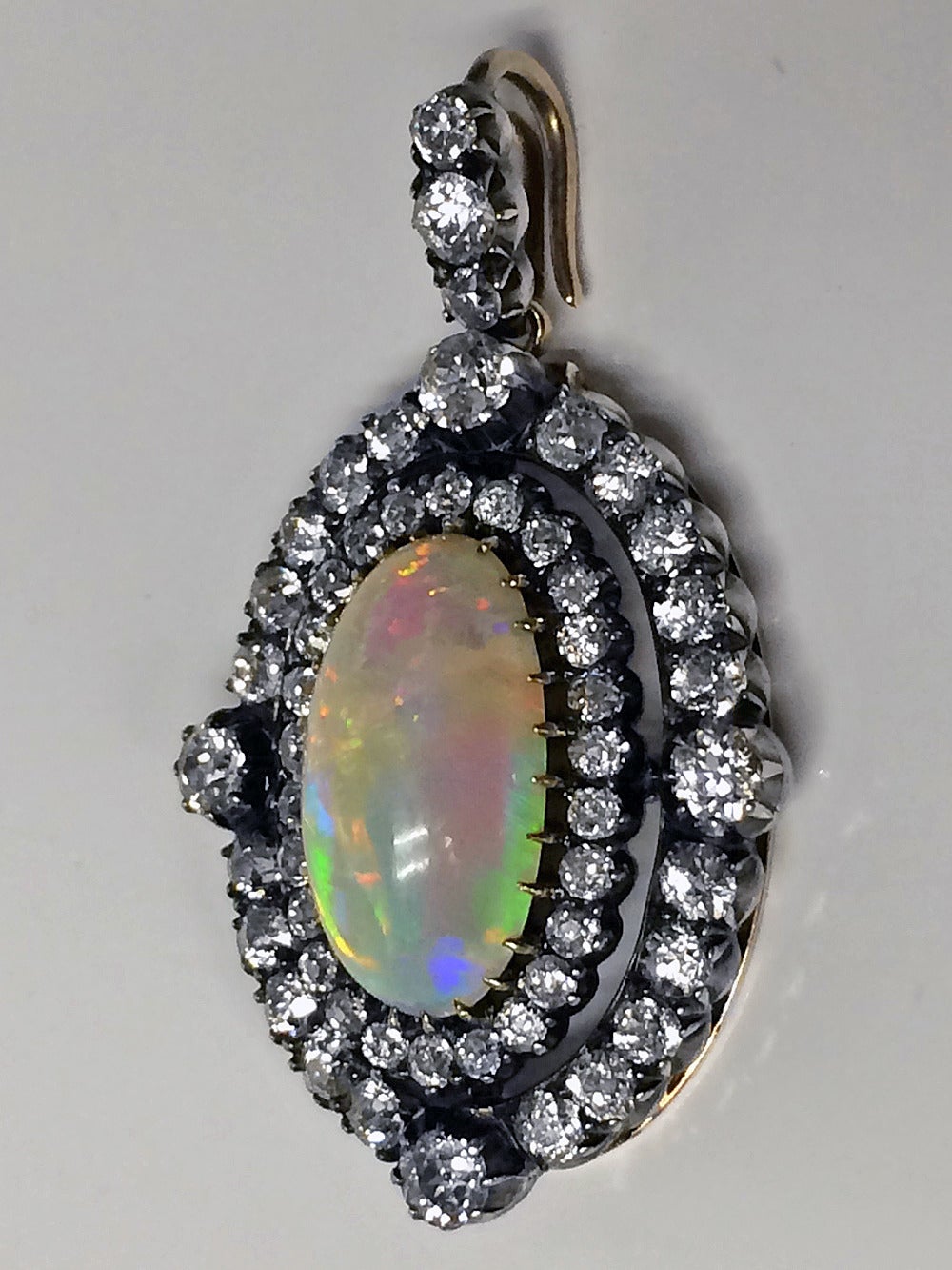 Late Victorian English Victorian Fine Antique Opal Diamond Gold Pendant circa 1880