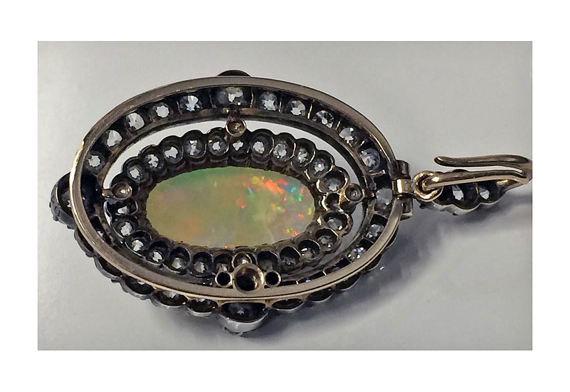 English Victorian Fine Antique Opal Diamond Gold Pendant circa 1880 1