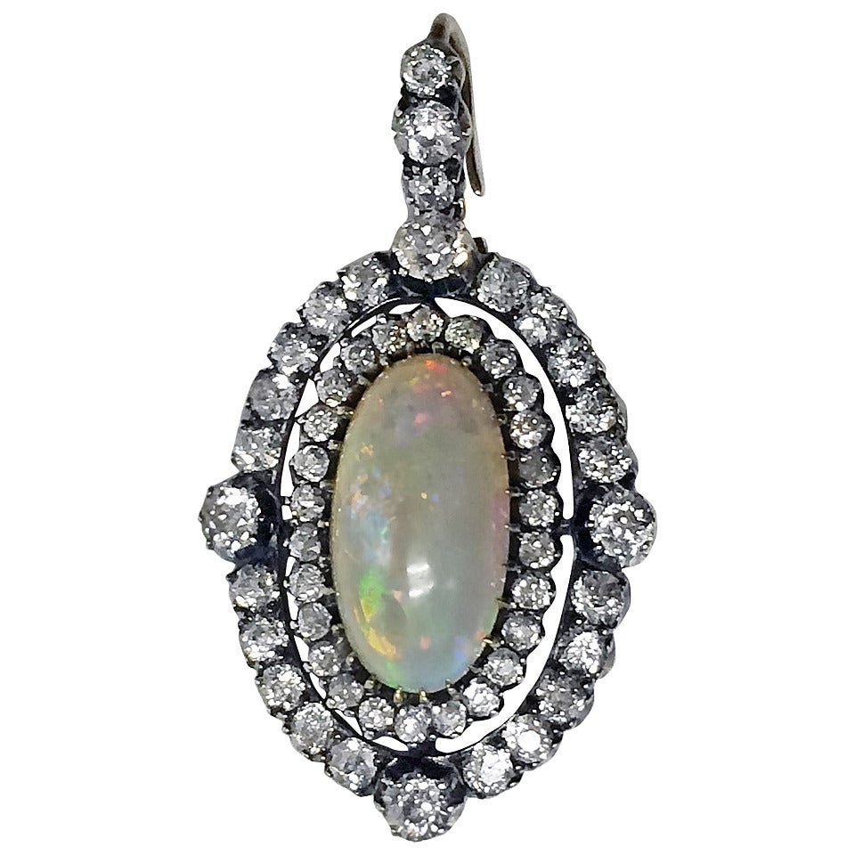 English Victorian Fine Antique Opal Diamond Gold Pendant circa 1880