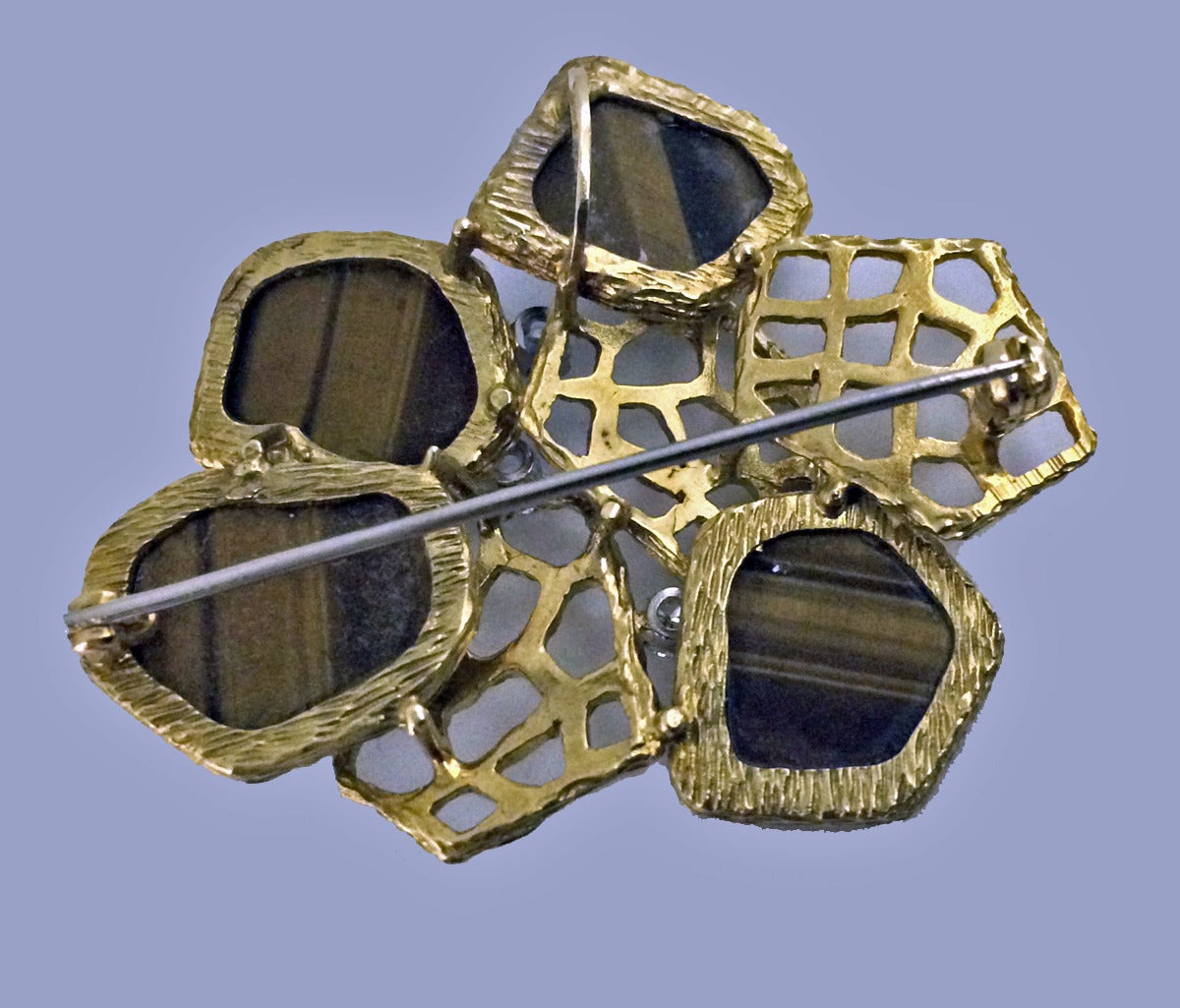 English Tiger's Eye Diamond Gold Pendant Brooch 2