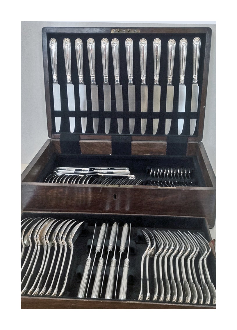 96 piece Fiddle Thread Shell Flatware Suite, London 1807-55, mainly Eley, Fearn & Chawner. The Service comprising: 12 Table Forks, 12 Tablespoons, 12 Dessert Spoons, 12 Dessert Forks, 12 Teaspoons, various crests and monogram D on table forks;