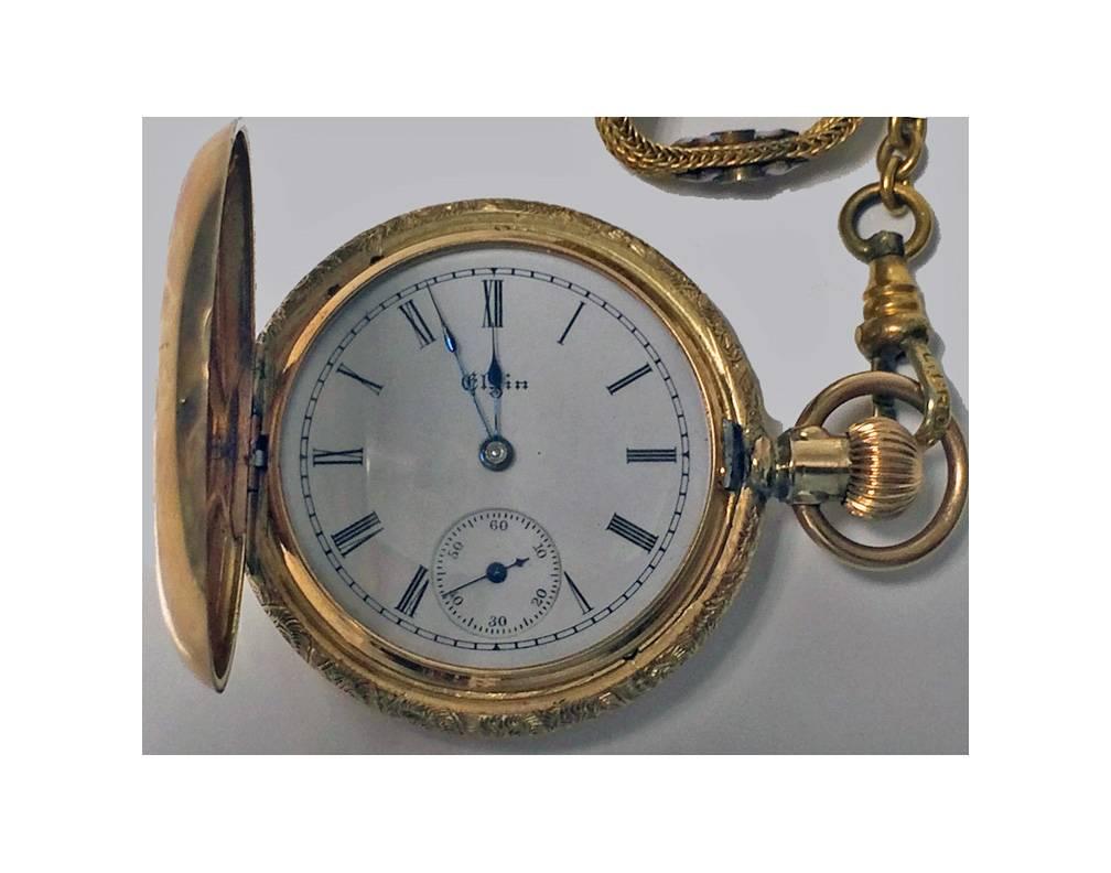 Elgin Ladies Yellow Gold Diamond Enamel Hunter Pocket Watch, circa 1988 In Excellent Condition In Toronto, ON