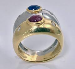1970s Ming's Sapphire Ruby Diamond Two Color Gold Double Band Ring