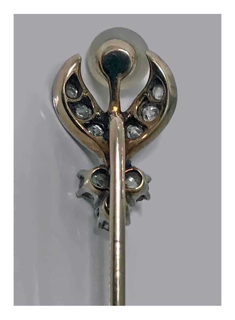 1910s Natural Pearl Diamond Platinum Stickpin 1