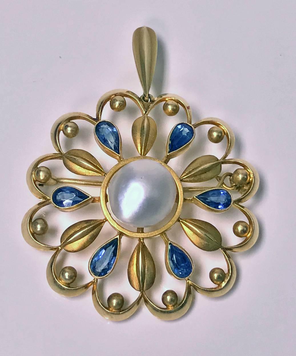Very Rare David Andersen 14K Gold Pearl Sapphire Necklace, Brooch and Earrings, C.1950. Custom made open foliate design set with alternate blue sapphire, polished gold and matte petals with bead surround, earrings conforming in design, oval