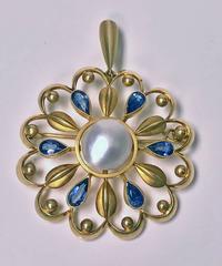 Rare David Andersen Gold Pearl Sapphire Necklace, Brooch and Earrings C.1950