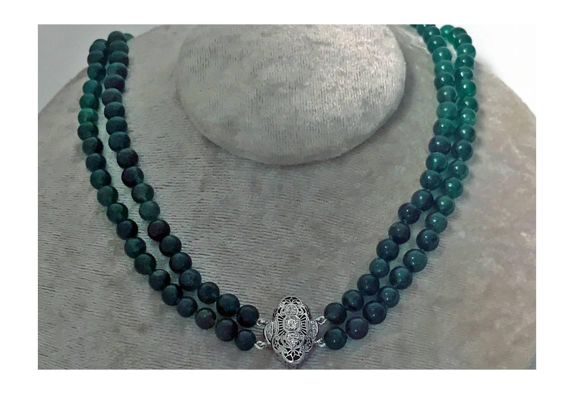 Double Strand Emerald Beads Necklace and Diamond Clasp 1