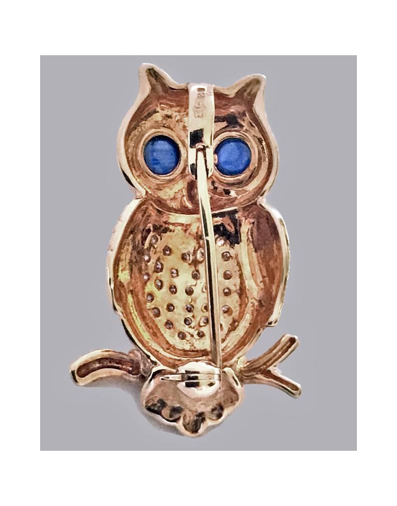 Women's or Men's Boucheron 18 Karat Diamond and Sapphire Owl Brooch Pin, 20th Century
