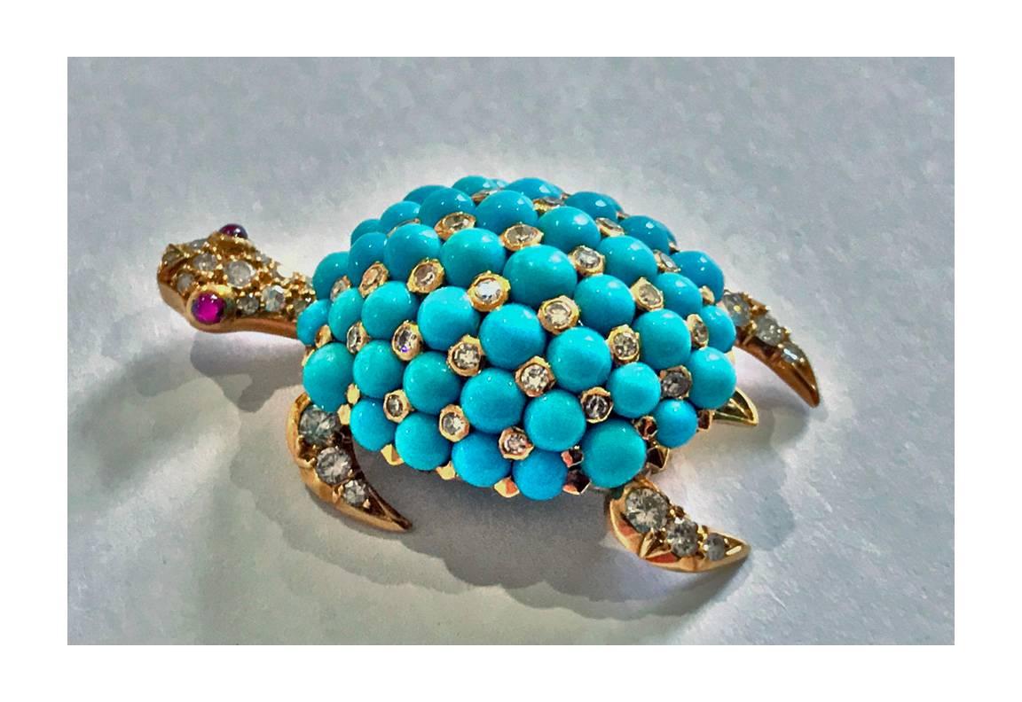 Exquisite 18K Turquoise Diamond Ruby Turtle Clip Brooch In Good Condition In Toronto, ON