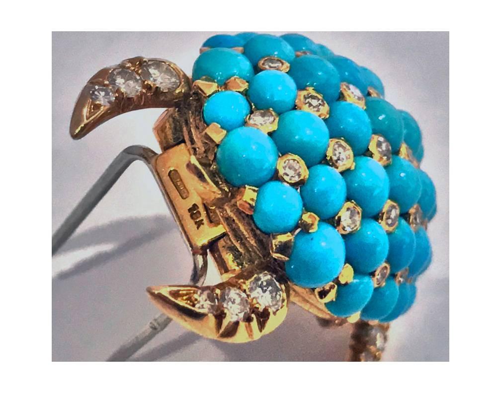 Women's or Men's Exquisite 18K Turquoise Diamond Ruby Turtle Clip Brooch