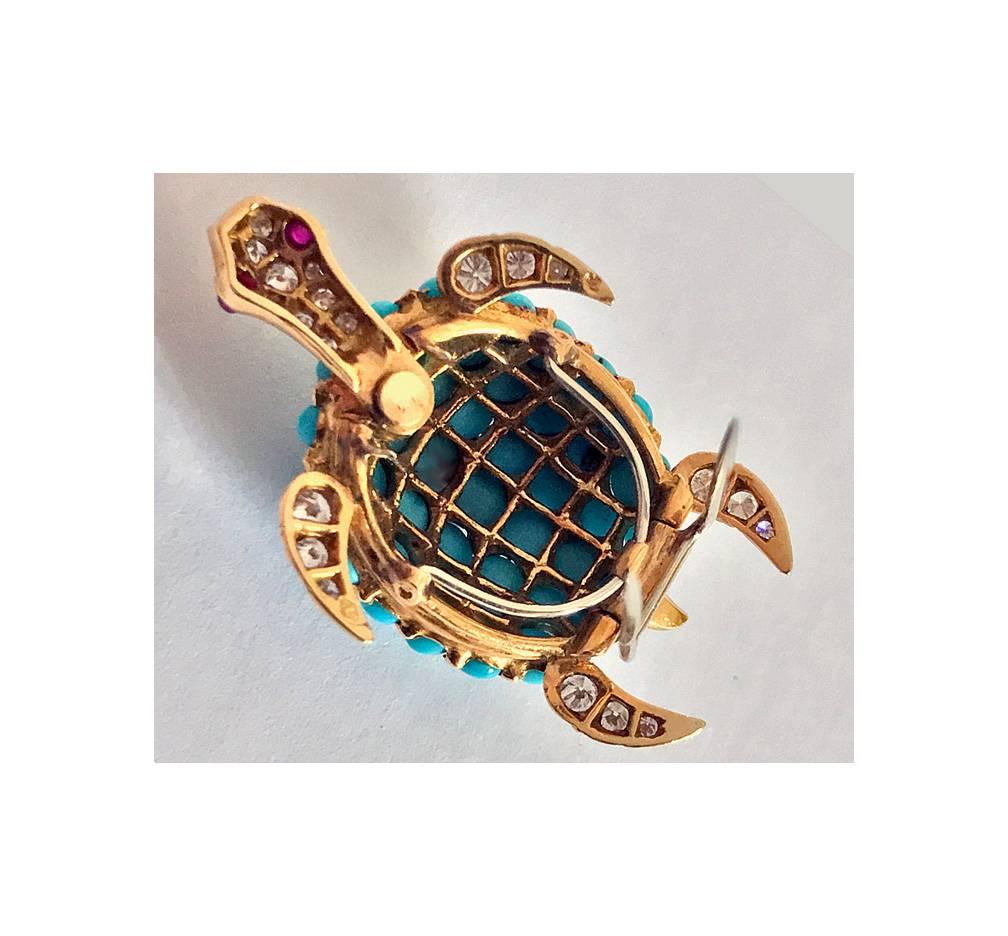 Exquisite 18K Turquoise Diamond Ruby Turtle Clip Brooch 1