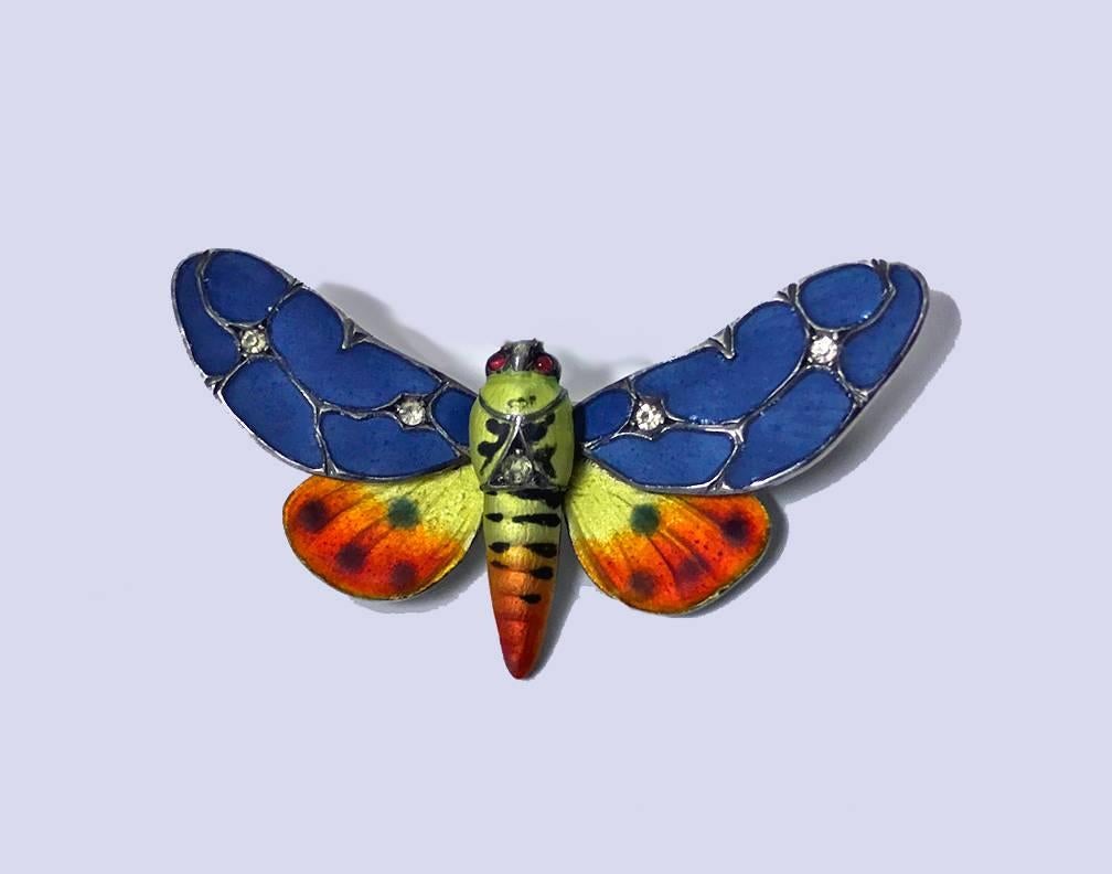 Wonderful Meyle and Mayer Art Nouveau Jugendstil Butterfly Brooch Silver and Enamel. Marks: 'Depose', C.1900 and maker’s mark for Meyle and Mayer. Vibrant colours of enamel and vermeil silver finish to reverse; the vein wings with paste interspaced.