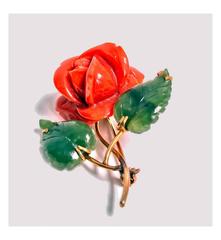 Carved Coral Jade Nephrite Leaves Gold Flower Pin