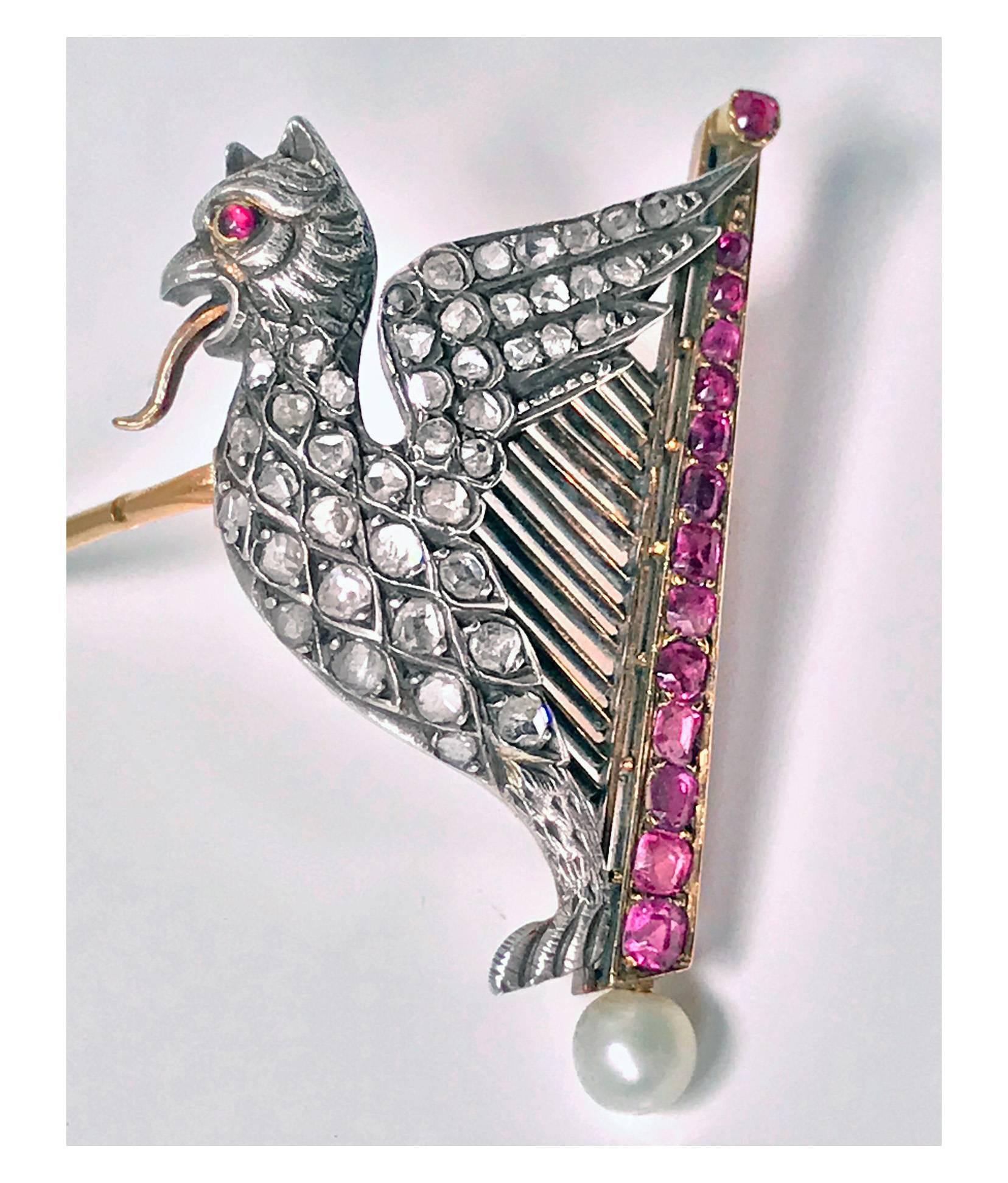Mythical 19th Century Griffin and Lyre Ruby, Diamond, Pearl Gold Brooch, French In Good Condition In Toronto, ON