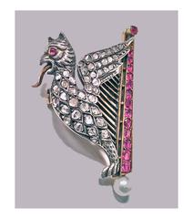 Mythical 19th Century Griffin and Lyre Ruby, Diamond, Pearl Gold Brooch, French