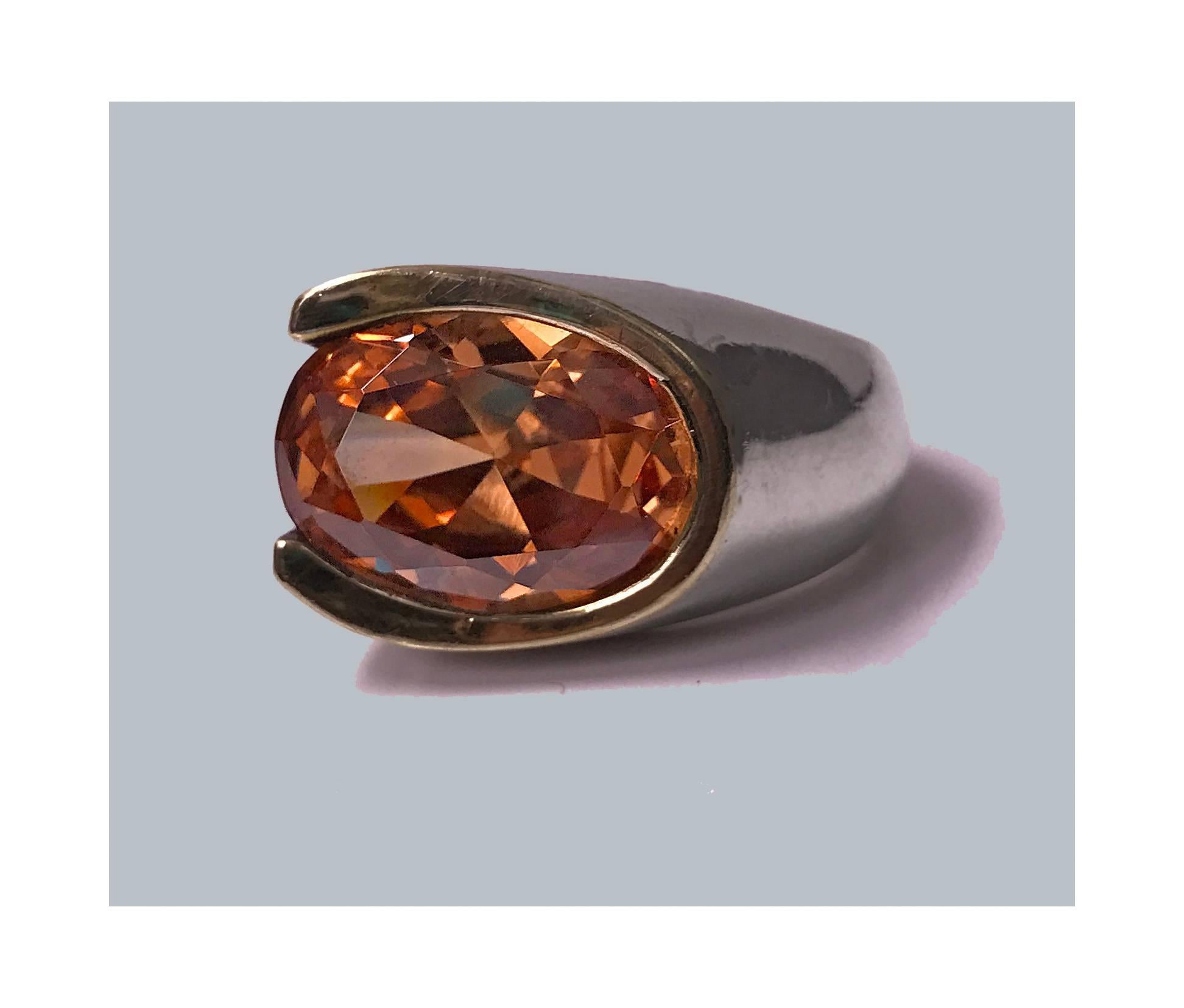 Abstract 1960s Orange Zircon Silver Gold Ring In Good Condition In Toronto, ON