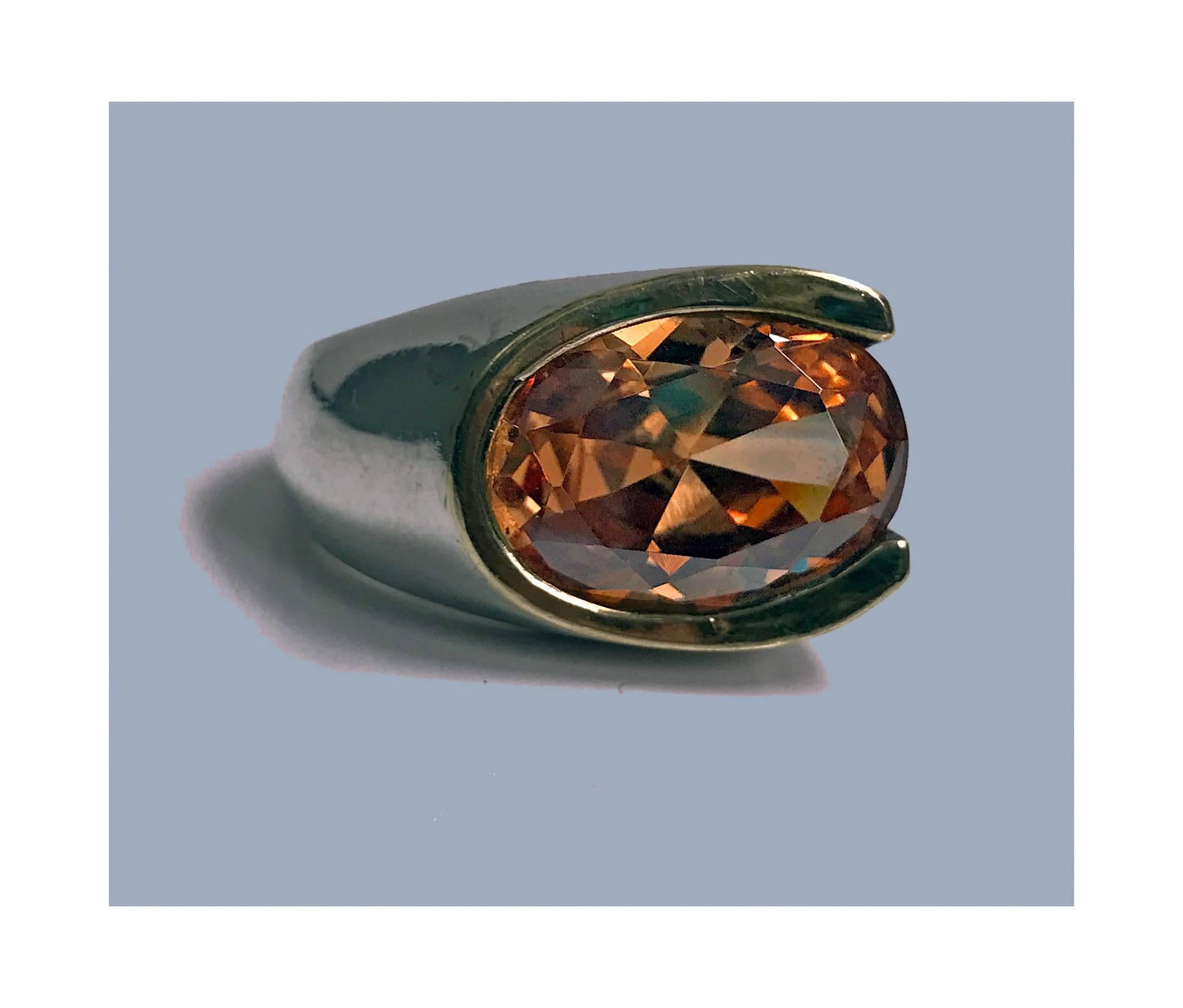 Women's or Men's Abstract 1960s Orange Zircon Silver Gold Ring