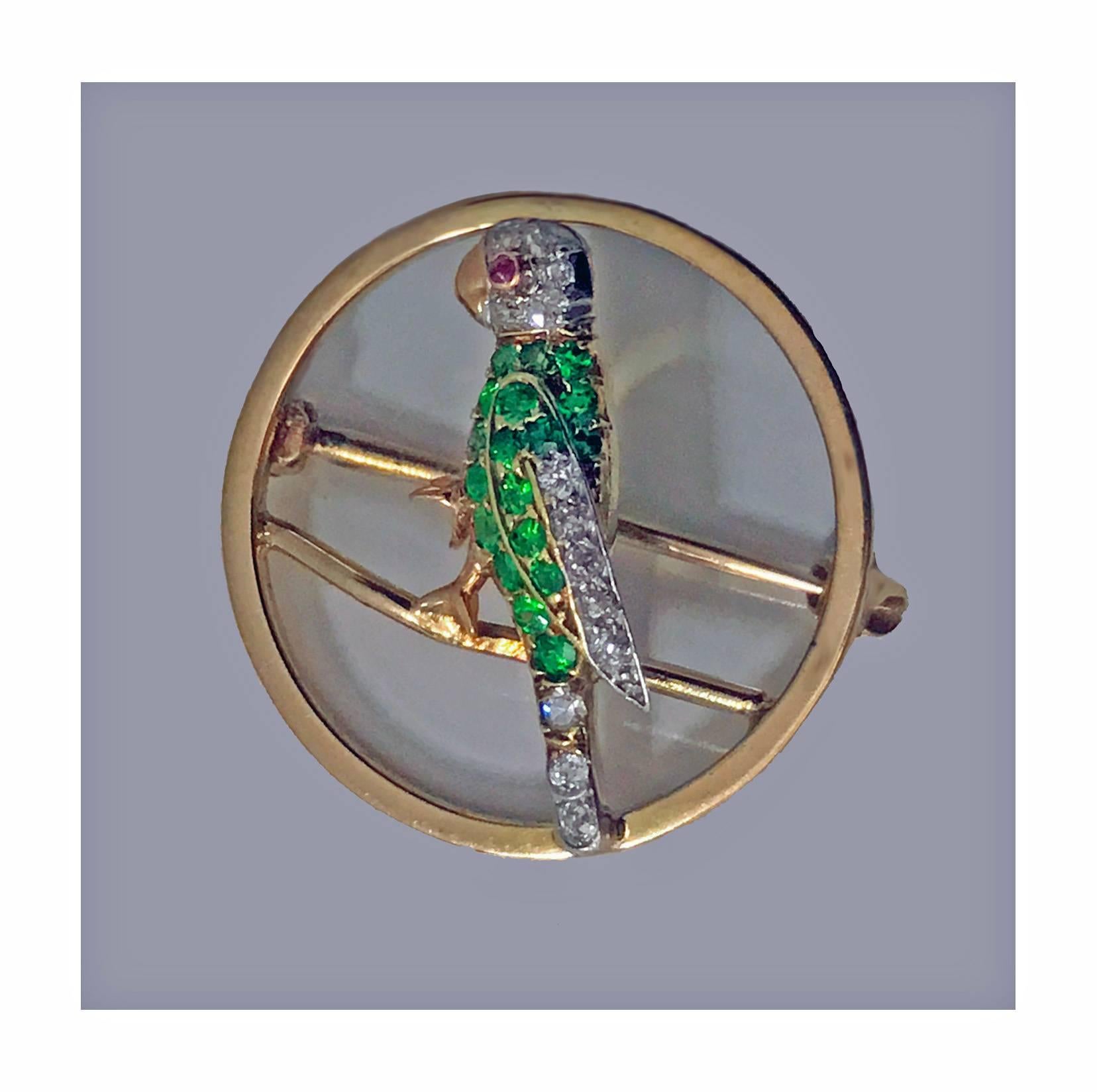 Demantoid, Diamond and Ruby Parrot Pin, circa 1920 In Good Condition In Toronto, ON