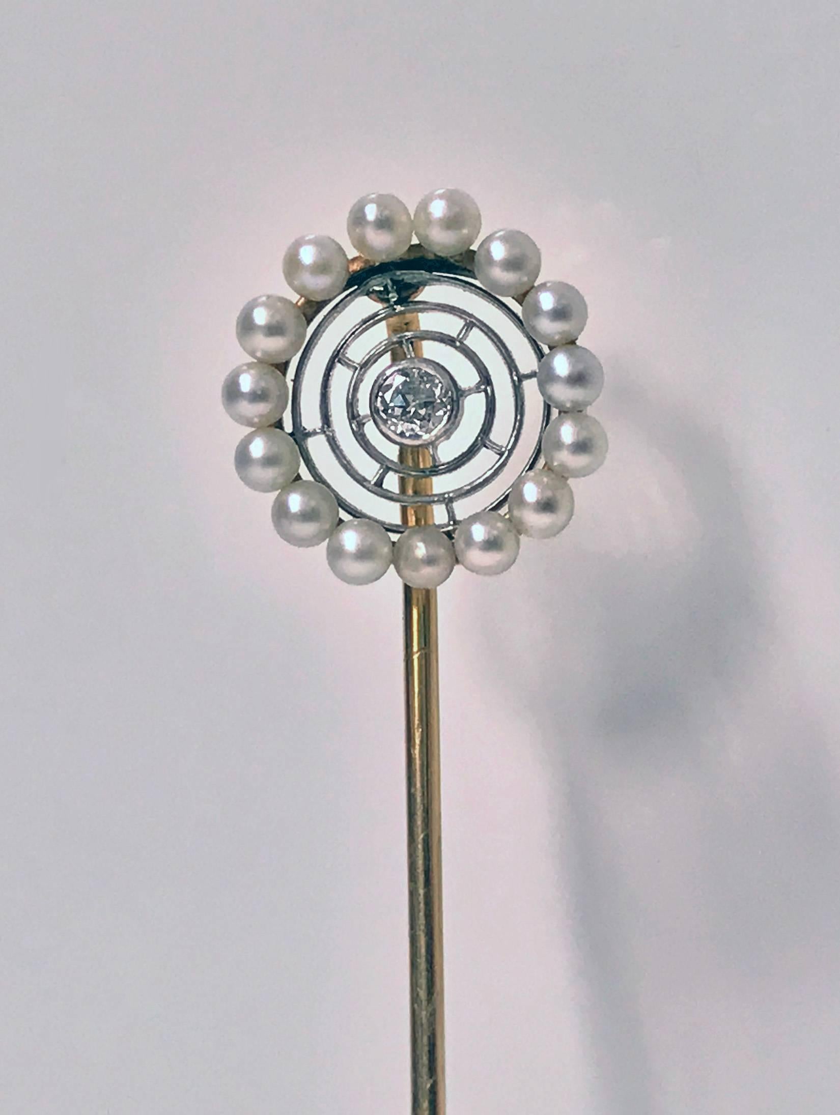 Hans Brassler American Pearl Diamond Gold Platinum Stickpin, circa 1900 In Good Condition In Toronto, ON