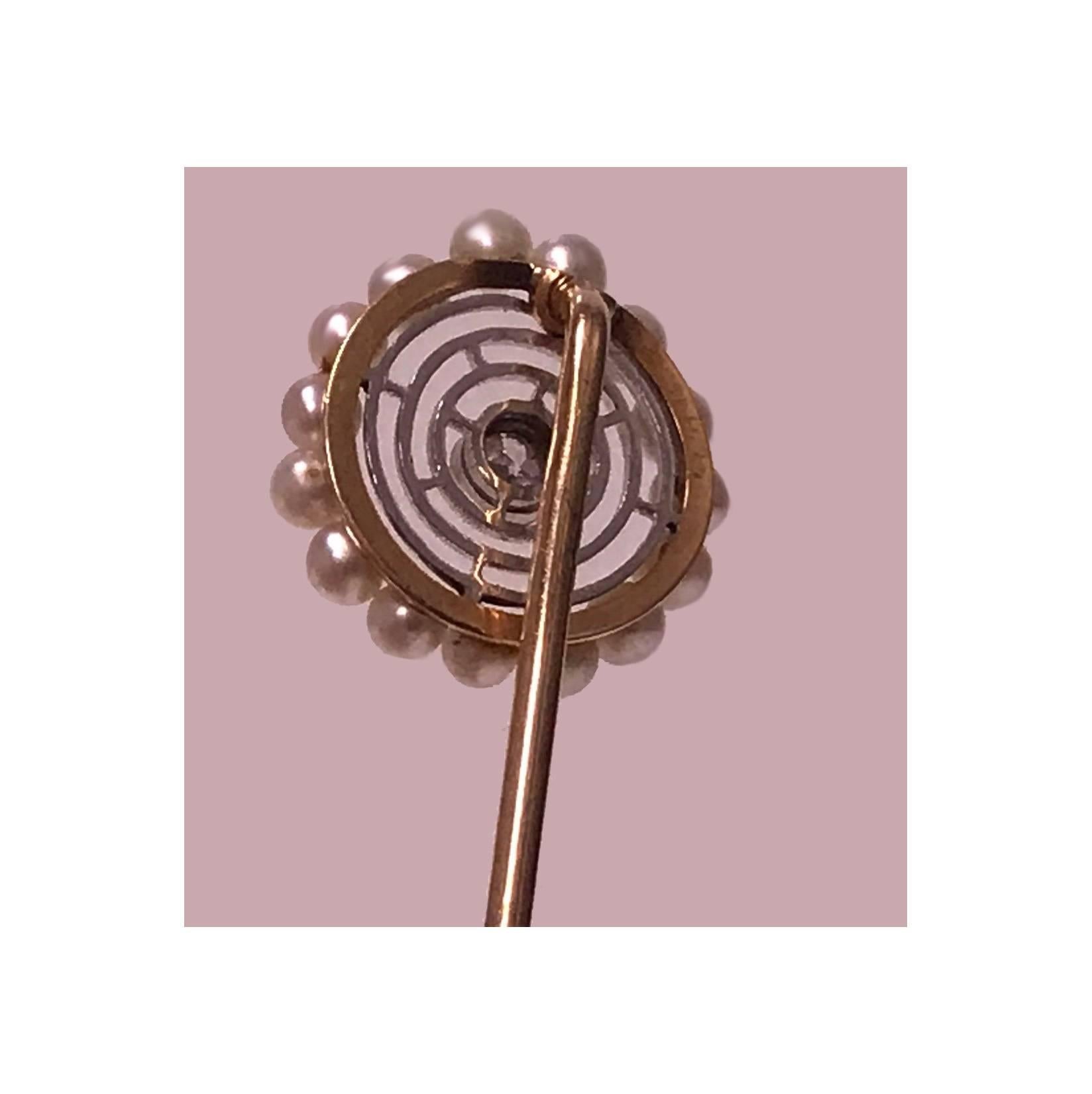 Women's or Men's Hans Brassler American Pearl Diamond Gold Platinum Stickpin, circa 1900