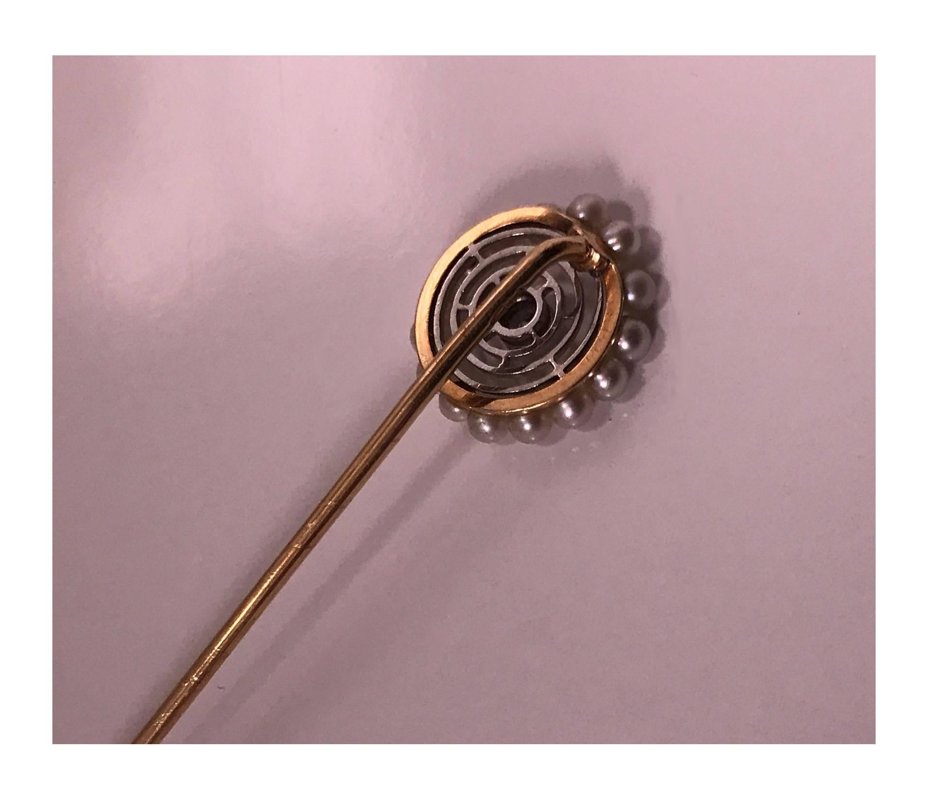 Hans Brassler American Pearl Diamond Gold Platinum Stickpin, circa 1900 1