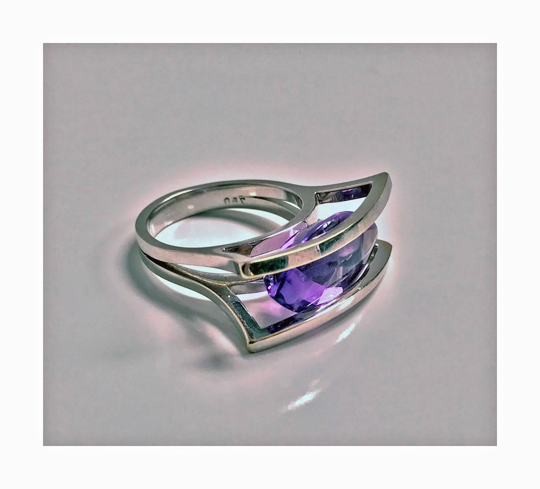 Women's or Men's Amethyst White Gold Modernist Abstract Ring, 20th Century