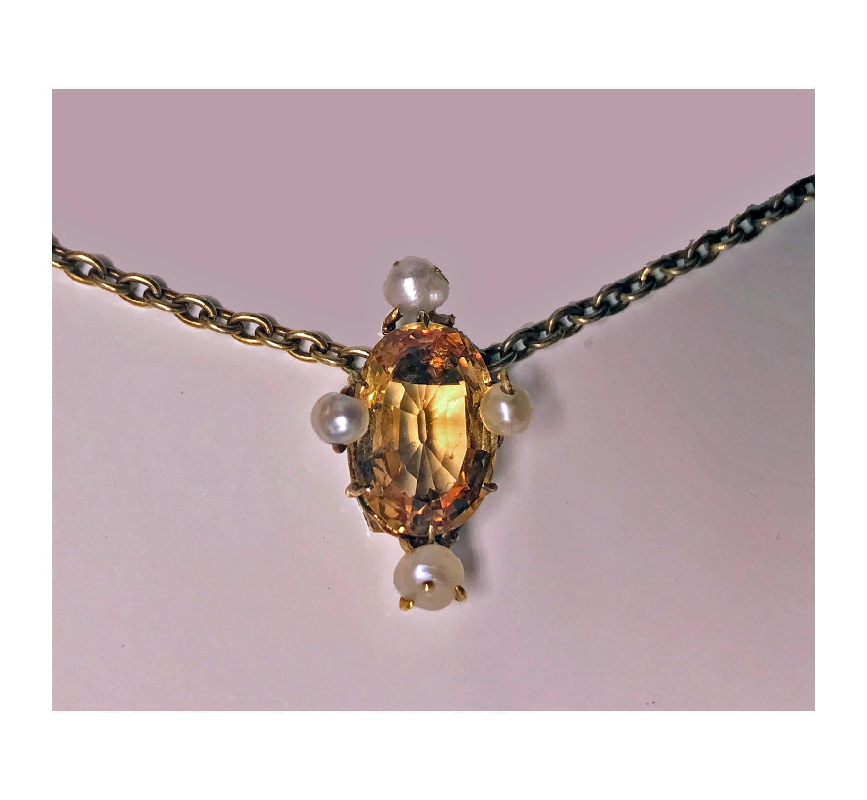 Antique Imperial Topaz and Pearl Pendant Necklace In Good Condition In Toronto, ON