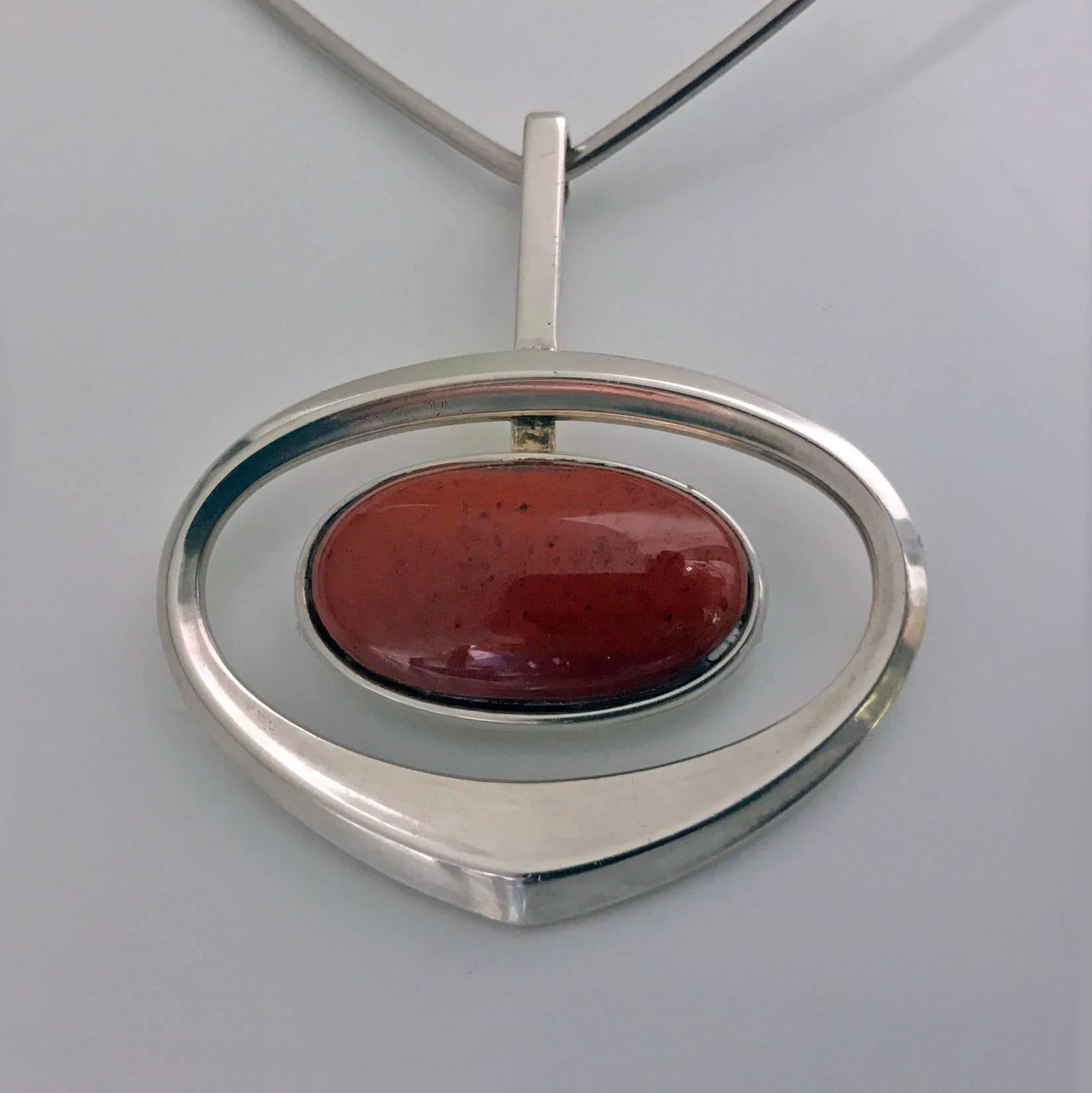 Marianne Berg for David-Andersen Modernist Sterling and Thulite Necklace Pendant. Norway, C.1964. The Necklace, known as Marianne’s heart was made for the 1964 stones series, depicting the various stones found in Norway. Signed, together with