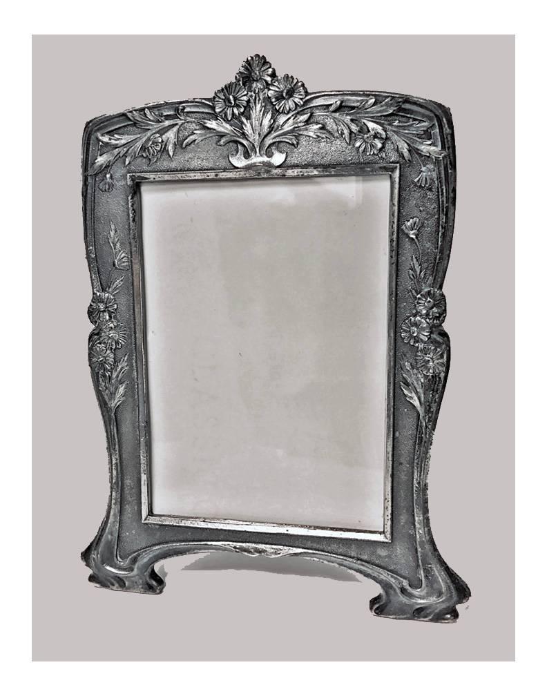 Rare Christofle Art Nouveau Pair of Photograph Frames, C.1900. Each with Christofle marks for Alfenide Gallia, a profile of a goat inside a rhombus in a square box and coat of arms with a Gallic cock, and model numbers 4430. These frames are rare