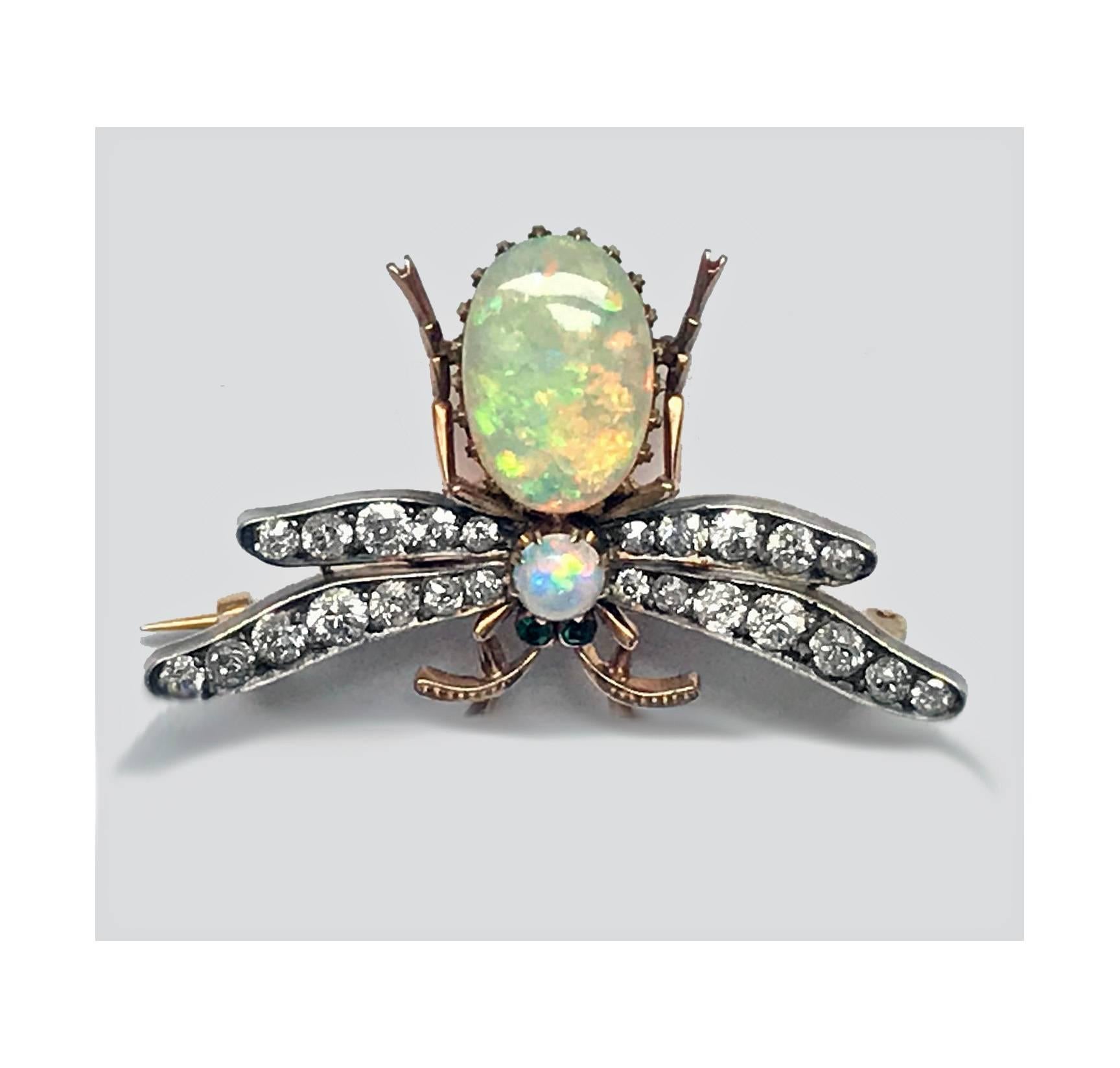 19th Century English Opal Diamond Bee Brooch Pendant In Good Condition In Toronto, ON