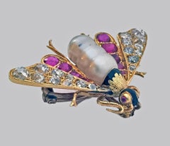 Antique Ruby Diamond Pearl Gold Bee Brooch Pin