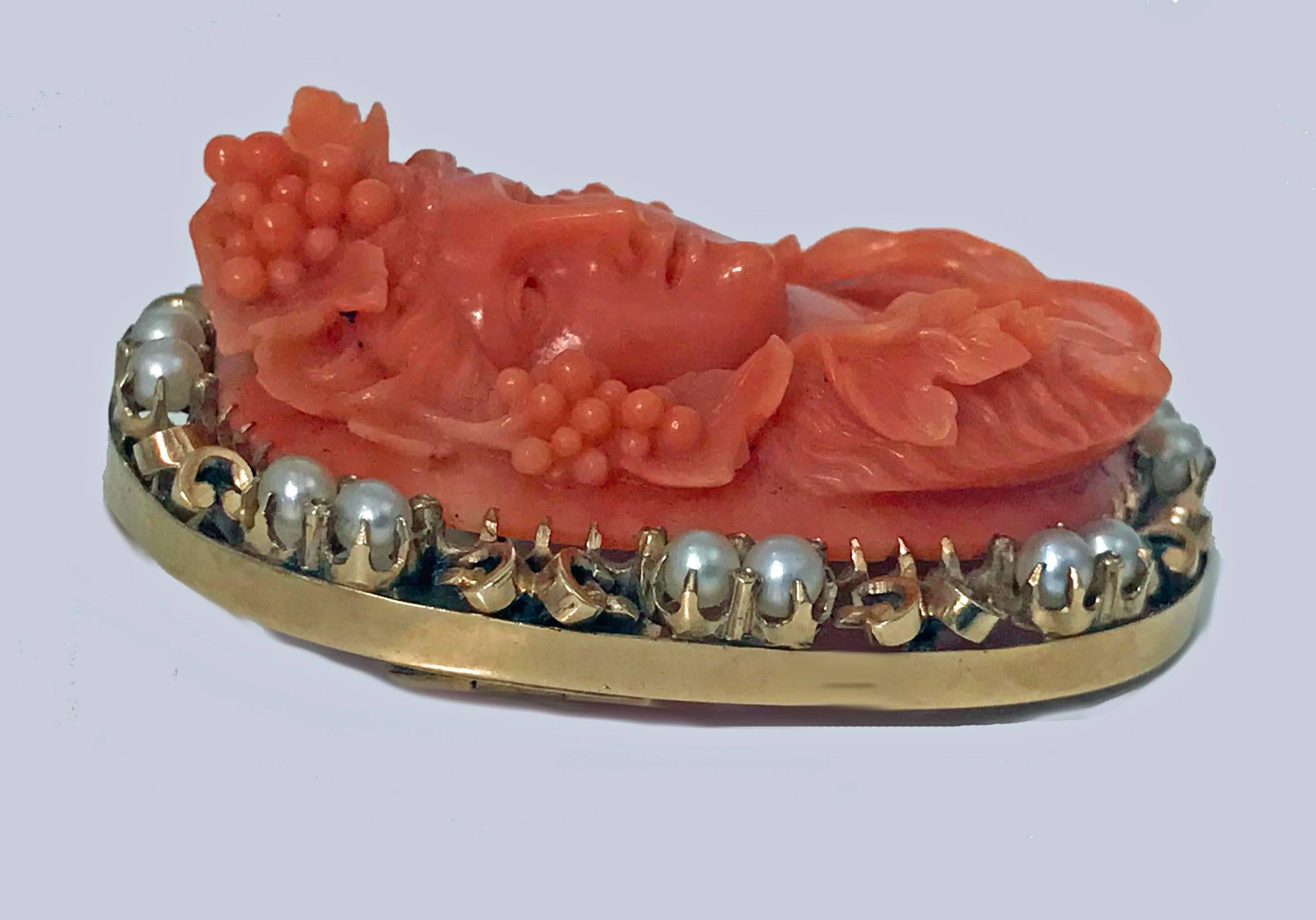Women's Rare Fine Carved  Coral Corallium Rubrum Pendant Brooch and Earrings, C. 1880