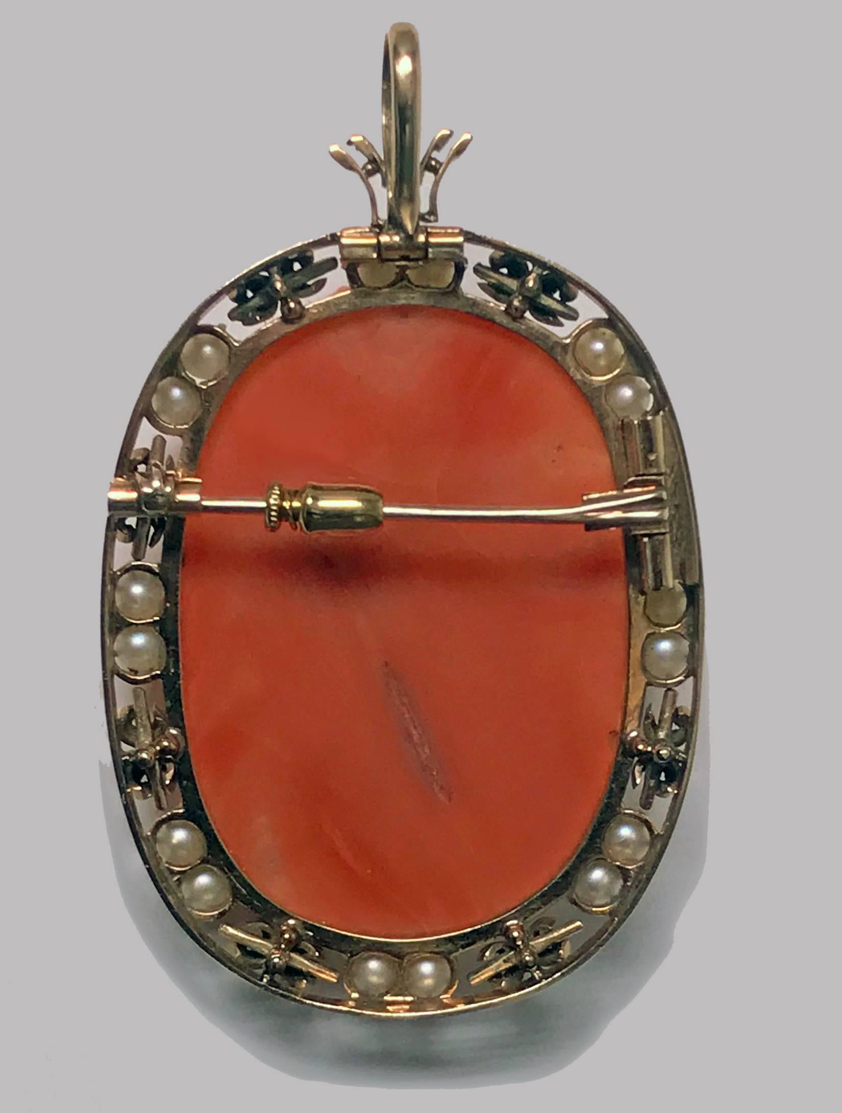 Rare Fine Carved  Coral Corallium Rubrum Pendant Brooch and Earrings, C. 1880 2