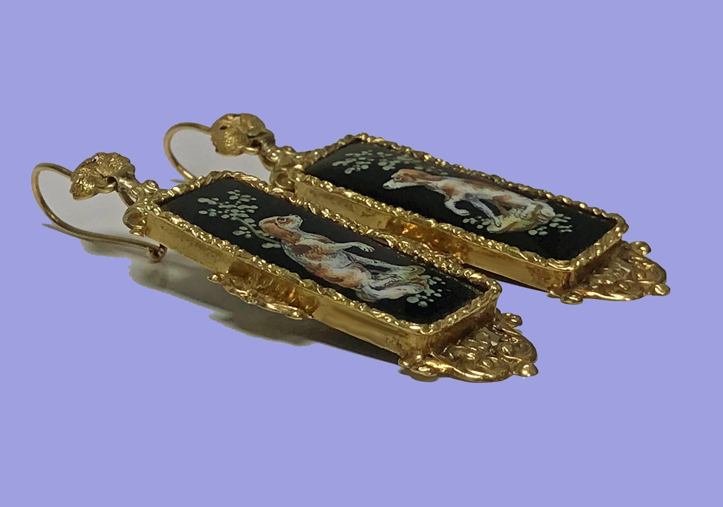 Women's  Antique Victorian   Spaniel Enamel Gold Earrings