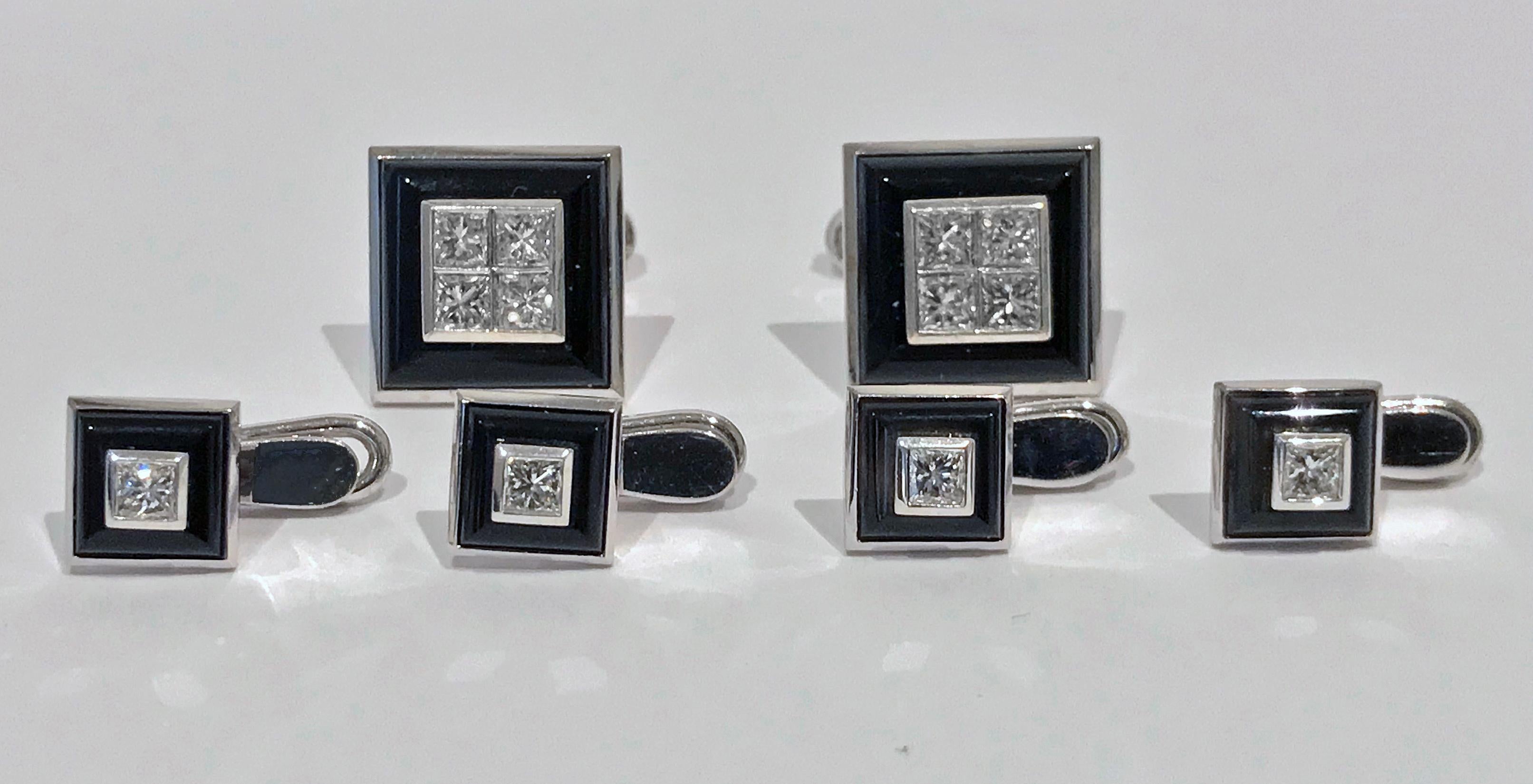 Asprey 18K Onyx and Diamond white gold Studs and links Tuxedo Set in fitted box, English, 20th century. The four studs of square shape, each set with a square cut diamond and black onyx centre, the Cufflinks each set with four square cut diamonds