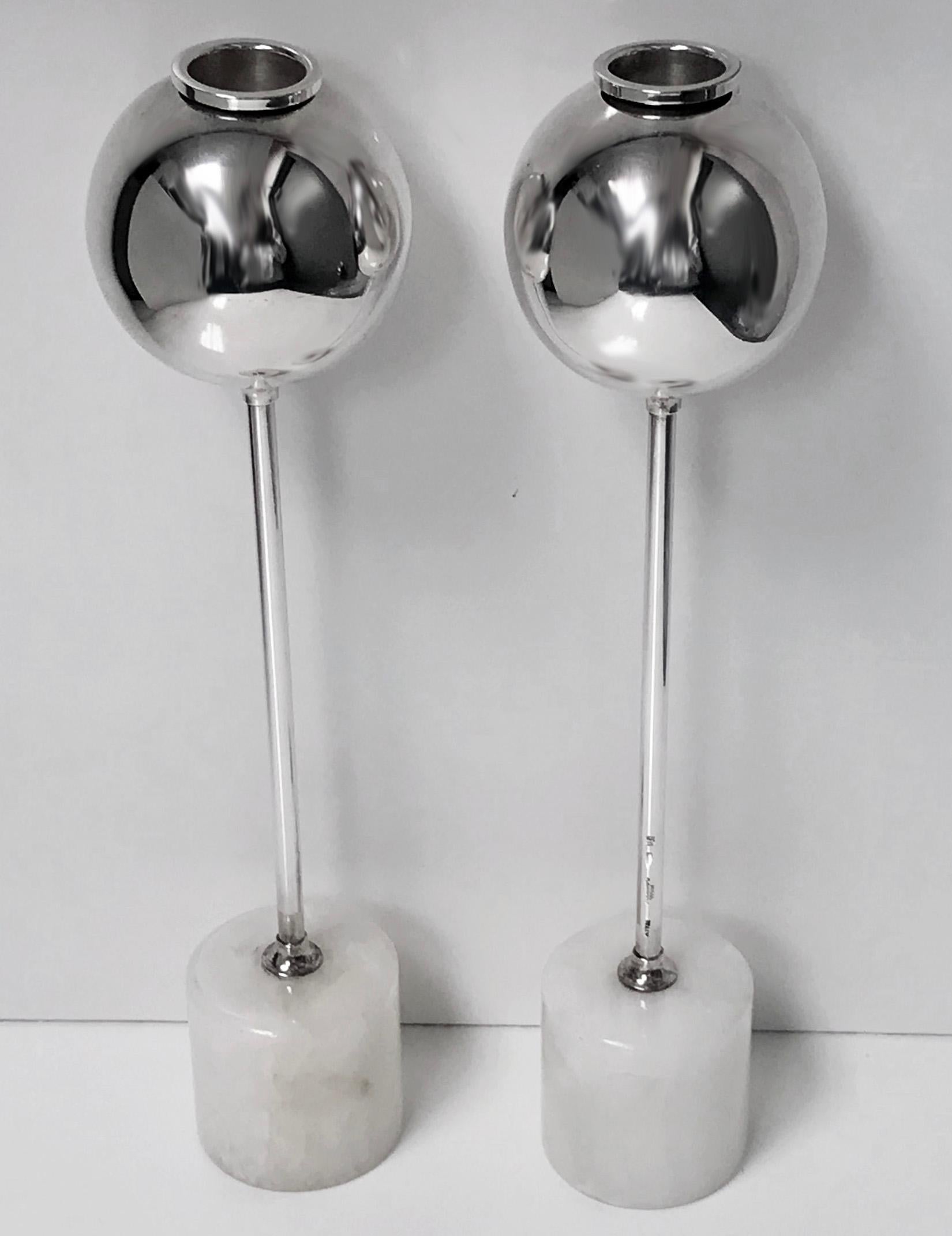 Mid Century Christofle rare design Candlesticks, convertible to Vases. Each of spherical form on long tubular stems surmounted on white marble cylindrical bases. Stems with full Christofle Gallia marks. Nozzles removeable to allow for use as vases.