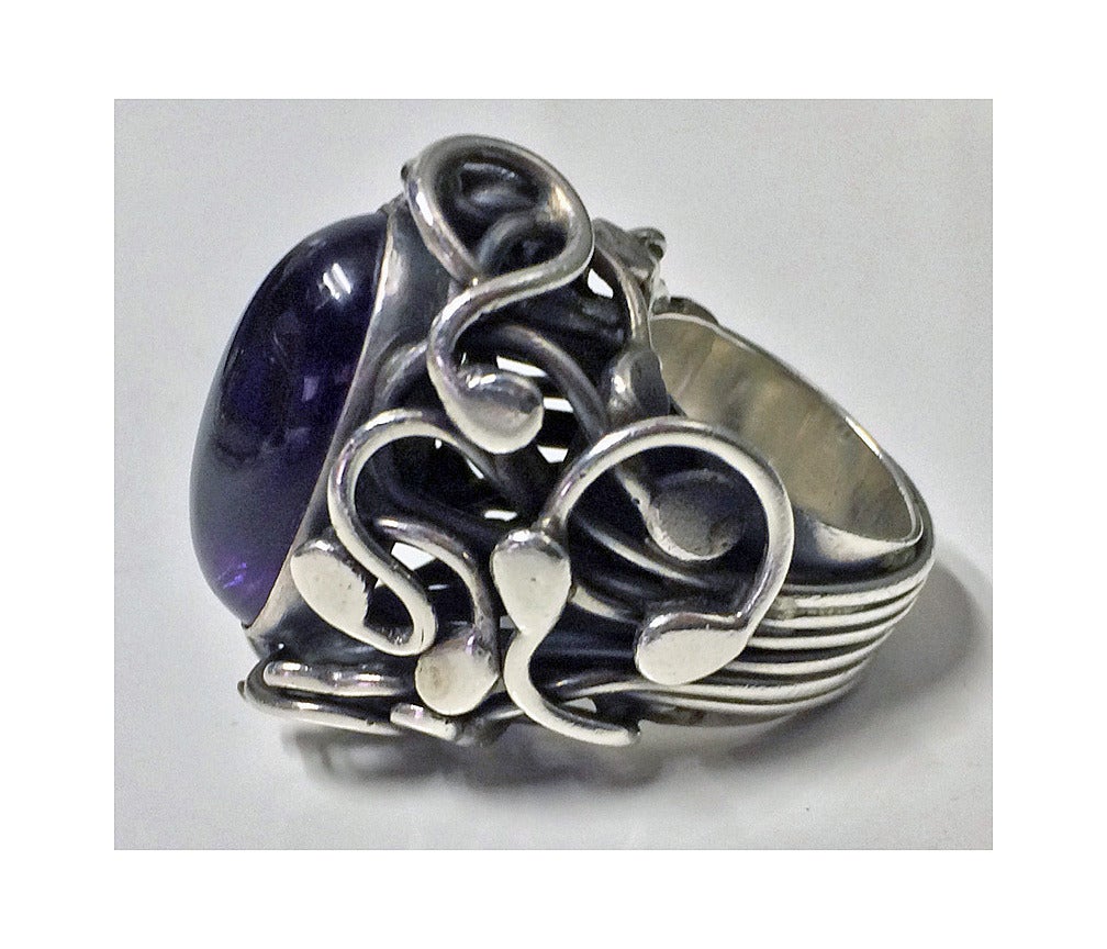 Women's Large Rachel Gera Modernist Amethyst Sterling Ring Israel 1970