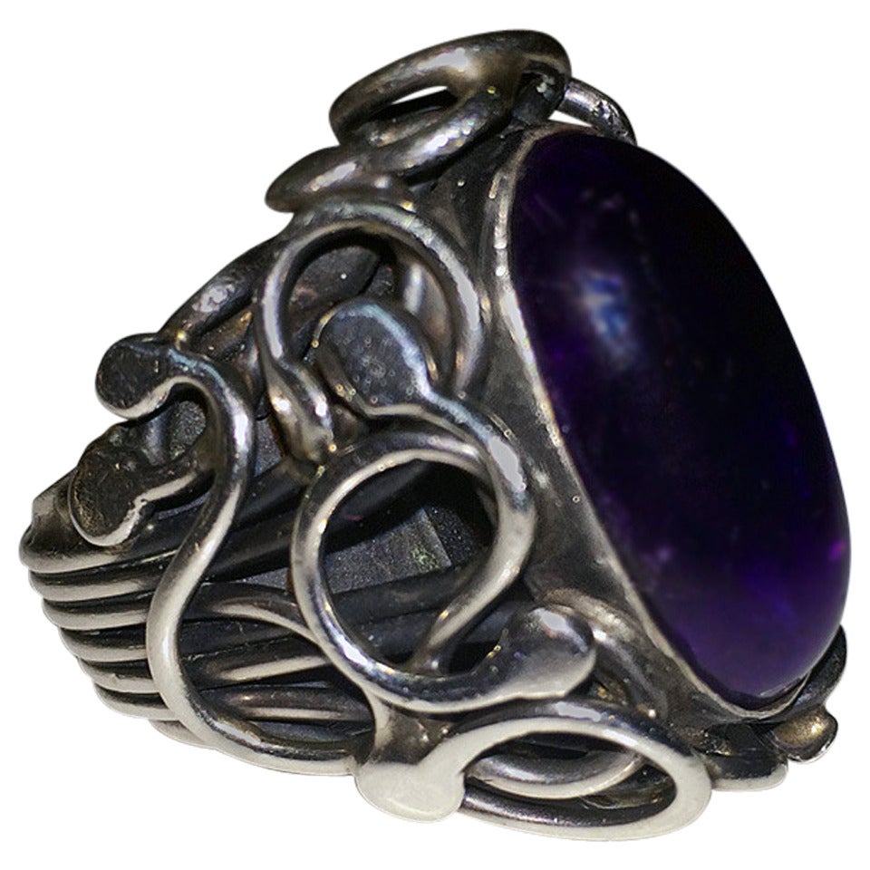 Large Rachel Gera Modernist Amethyst Sterling Ring Israel 1970