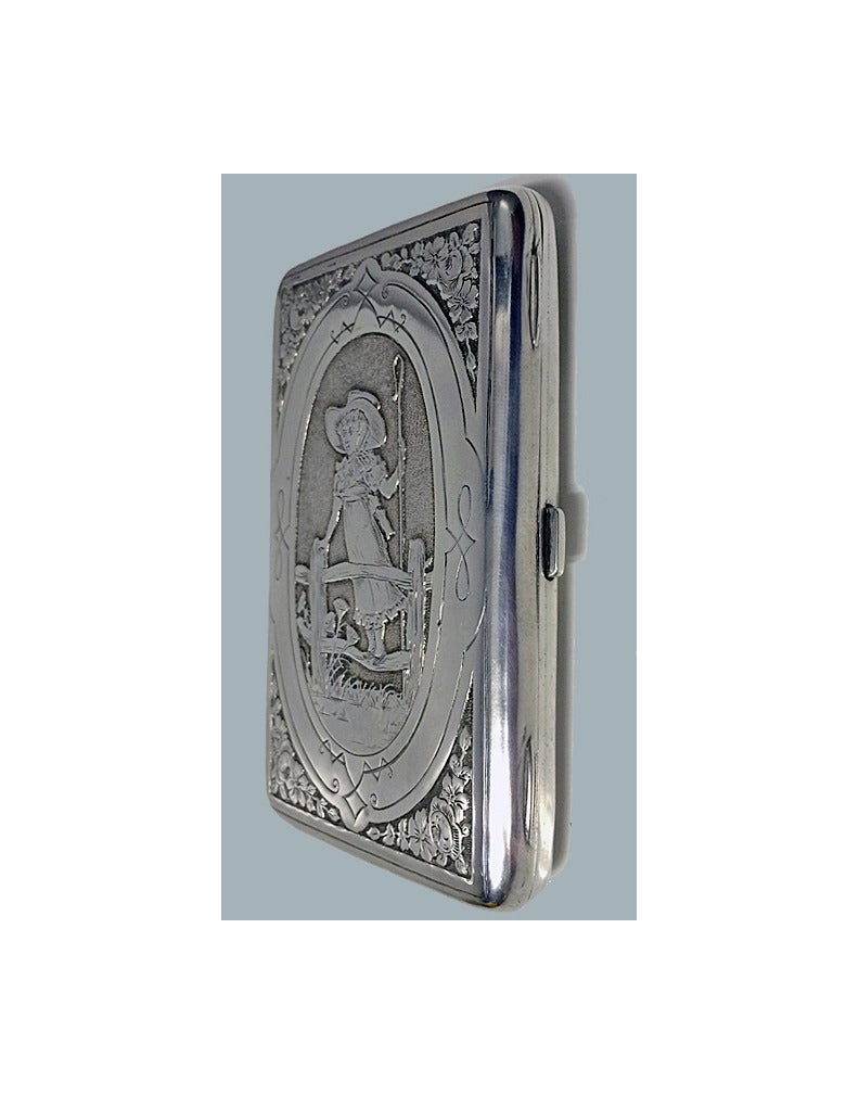 George Heath rare Kate Greenaway inspired Silver Card Case, London 1884.The front with raised decoration against stippled background depicting `Little Bo Peep', the reverse plain. Fully hallmarked. Measures: 4 x 2.75 inches. Weight:99.91 grams.