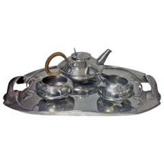 Archibald Knox Liberty Tudric Pewter Tea Set and Tray, circa 1905