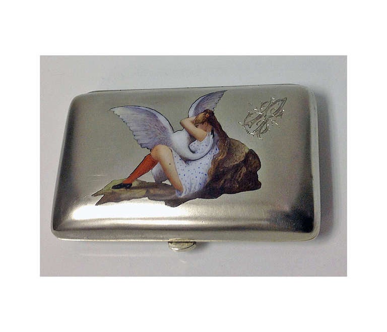 Nude Silver Enamel erotic Cigarette Case, probably Austria, C.1900. The rectangular cushion shape case with enamel front depicting Leda being impregnated by the swan. The reverse plain with gilded interior and monogram, possibly ER. Measures 3 ½ x 2