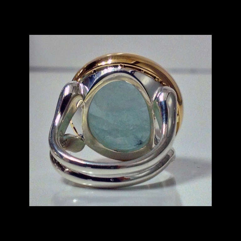 Cabochon Aquamarine Silver Gold Ring 1