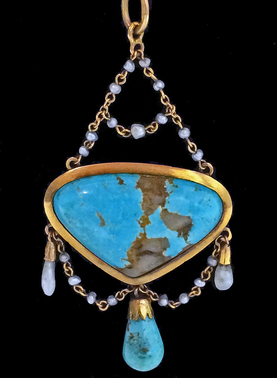 English Arts and Crafts Turquoise Pearl Gold Necklace c1900