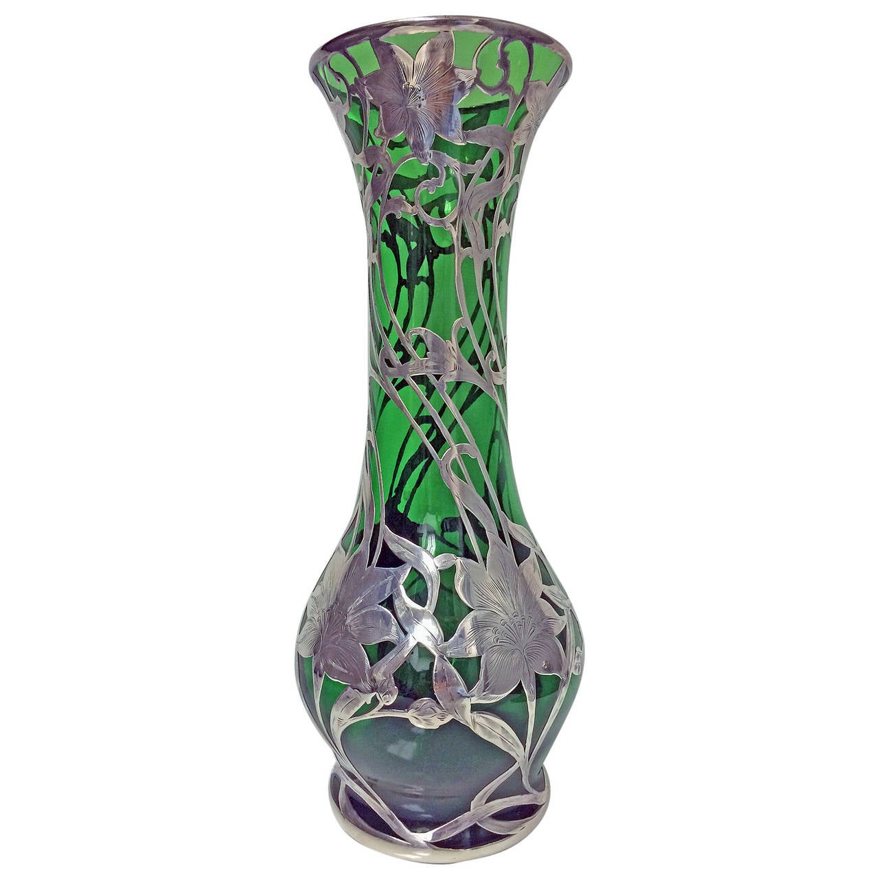 Alvin Art Nouveau Sterling Silver overlay Glass Vase c1900