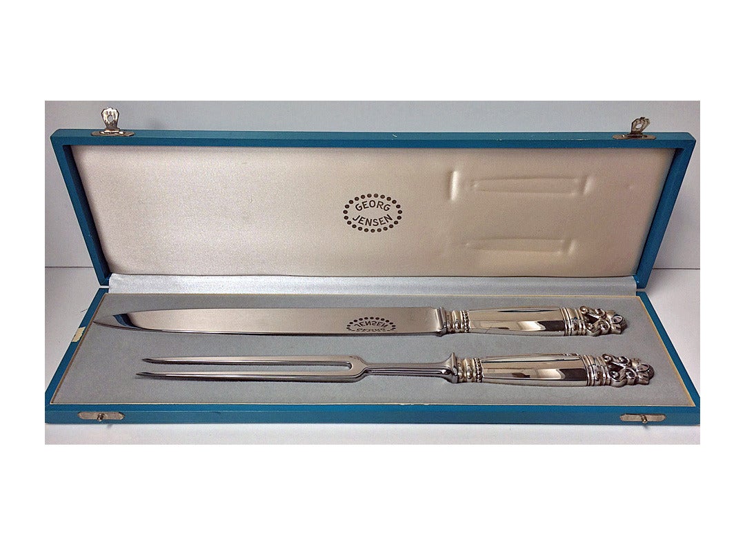 Georg Jensen Acorn Serving Carving Set. Cactus pattern knife and fork, sterling silver handles. The knife measures 13 ¾ 